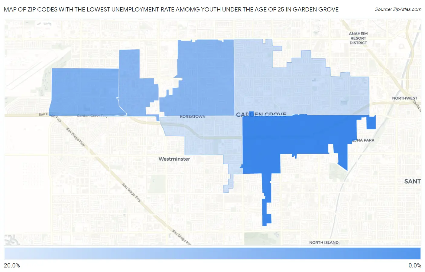 Zip Codes with the Lowest Unemployment Rate Amomg Youth Under the Age of 25 in Garden Grove Map