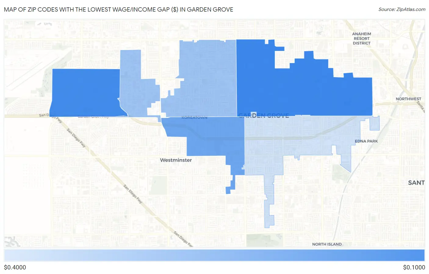 Zip Codes with the Lowest Wage/Income Gap ($) in Garden Grove Map