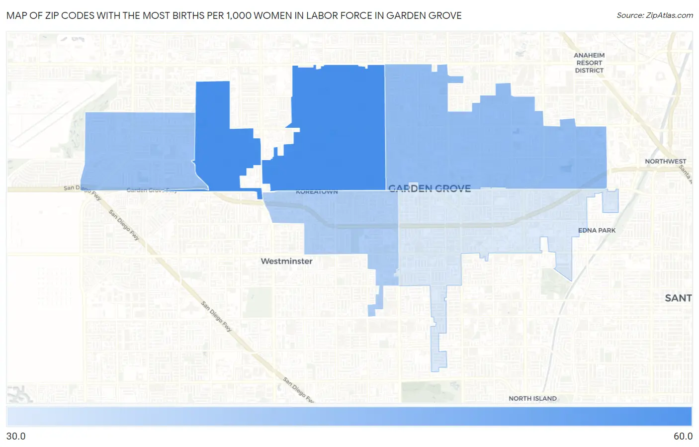 Zip Codes with the Most Births per 1,000 Women in Labor Force in Garden Grove Map