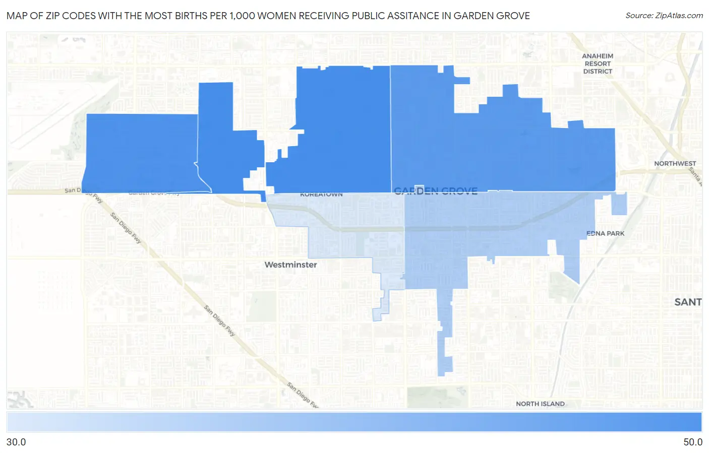 Zip Codes with the Most Births per 1,000 Women Receiving Public Assitance in Garden Grove Map
