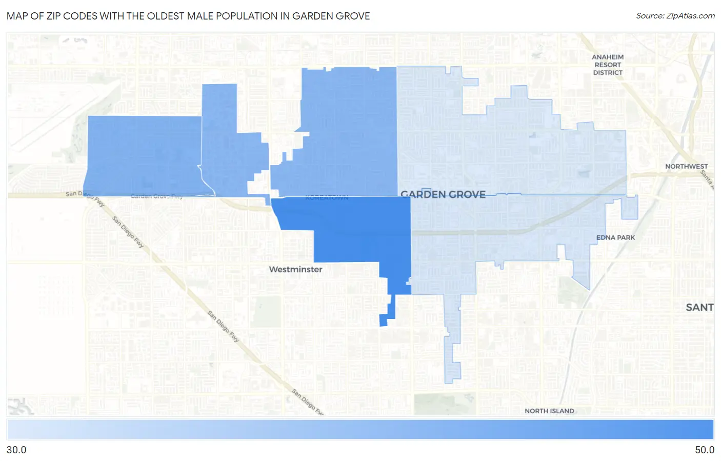 Zip Codes with the Oldest Male Population in Garden Grove Map