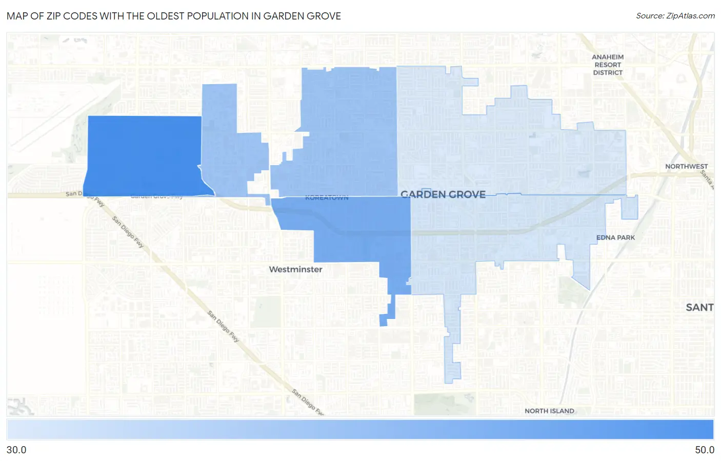 Zip Codes with the Oldest Population in Garden Grove Map