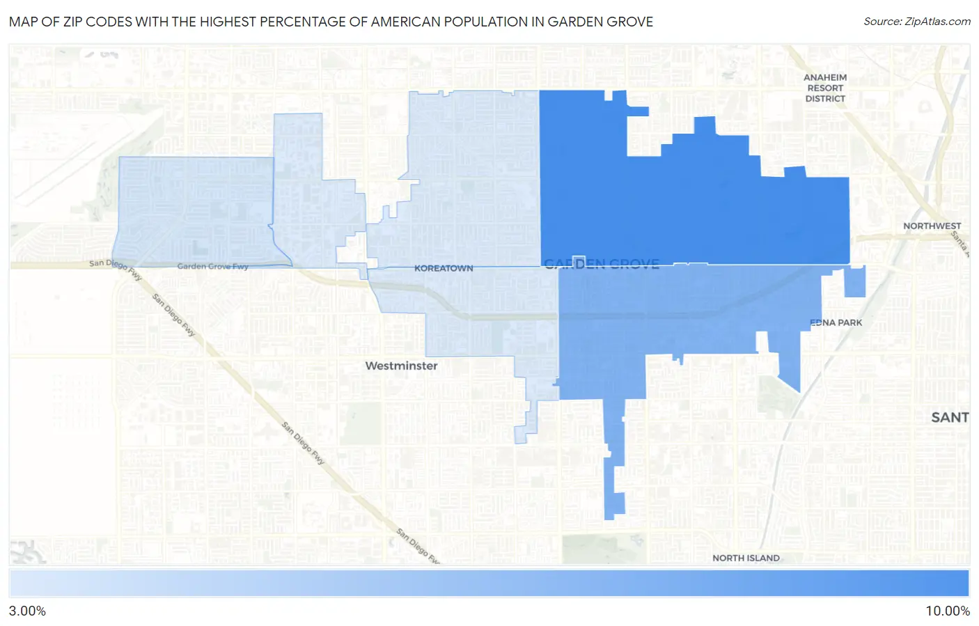Zip Codes with the Highest Percentage of American Population in Garden Grove Map