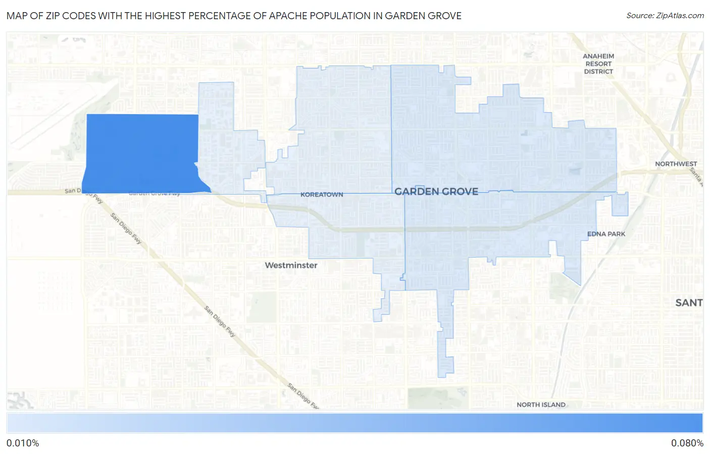 Zip Codes with the Highest Percentage of Apache Population in Garden Grove Map