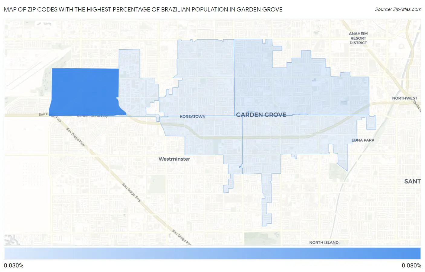Zip Codes with the Highest Percentage of Brazilian Population in Garden Grove Map