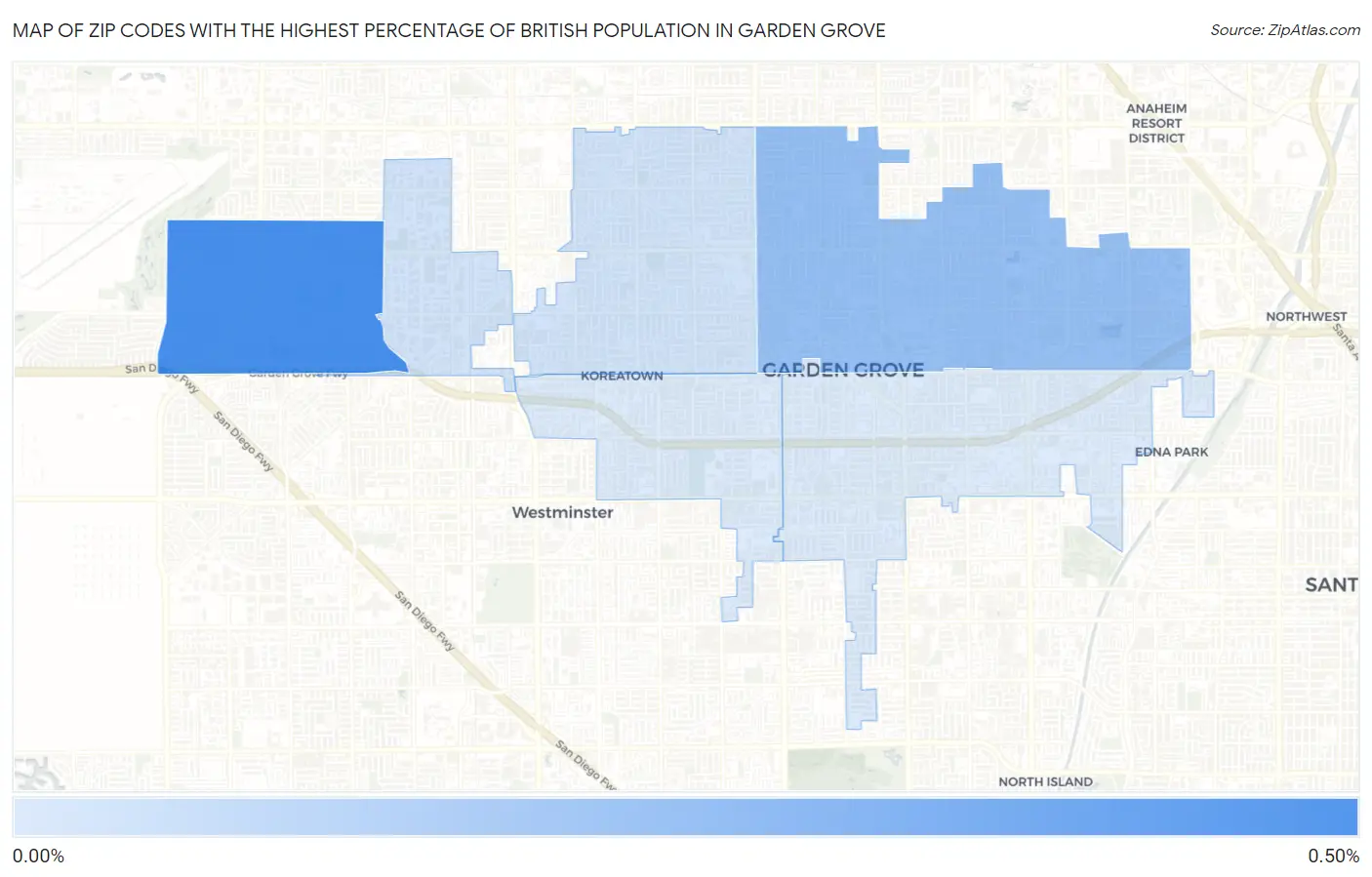 Zip Codes with the Highest Percentage of British Population in Garden Grove Map