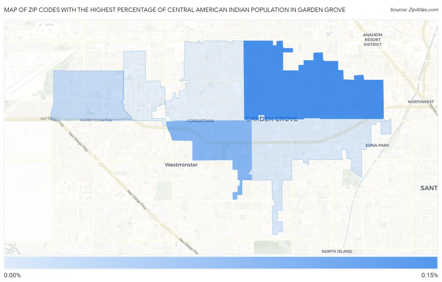 Zip Codes with the Highest Percentage of Central American Indian Population in Garden Grove Map