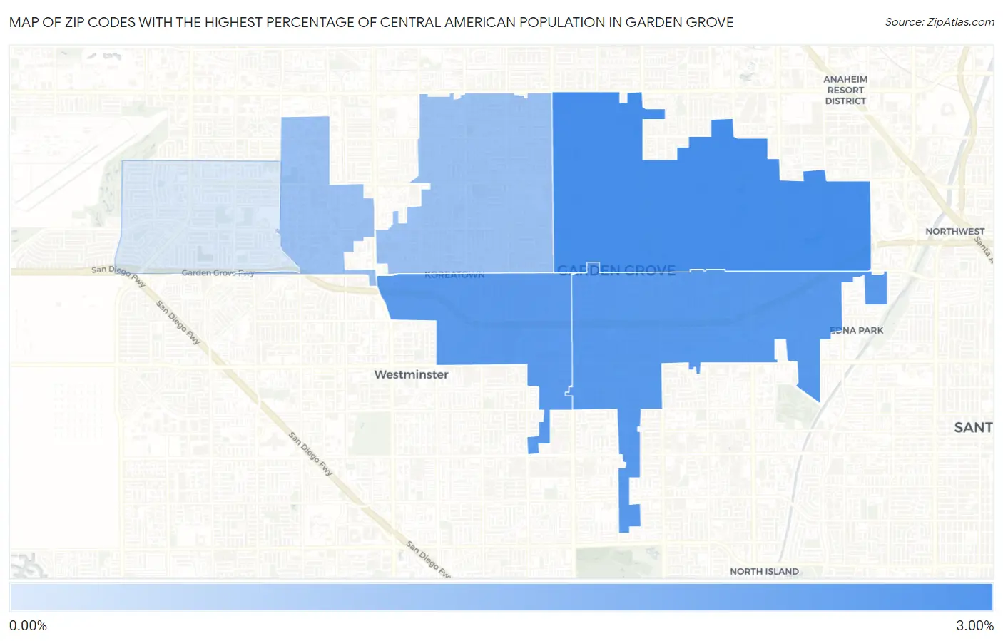 Zip Codes with the Highest Percentage of Central American Population in Garden Grove Map