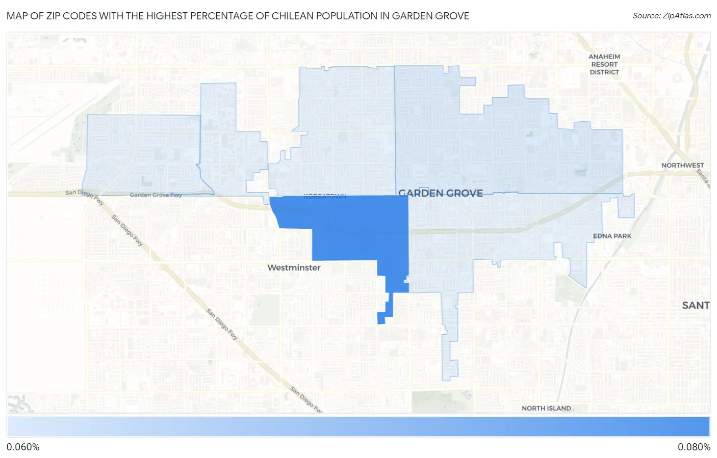 Zip Codes with the Highest Percentage of Chilean Population in Garden Grove Map