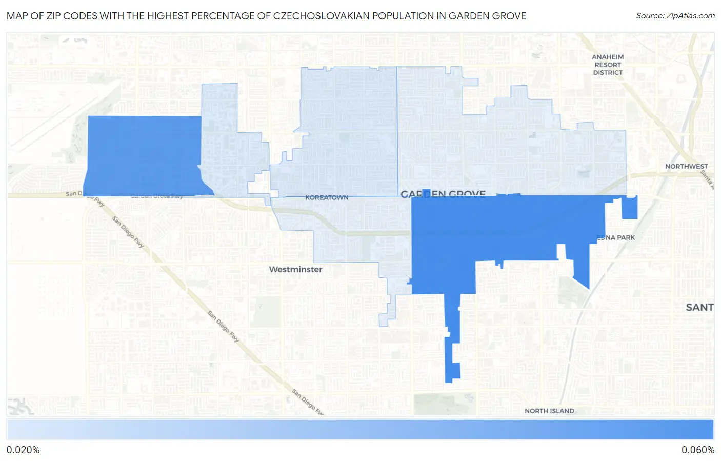 Zip Codes with the Highest Percentage of Czechoslovakian Population in Garden Grove Map