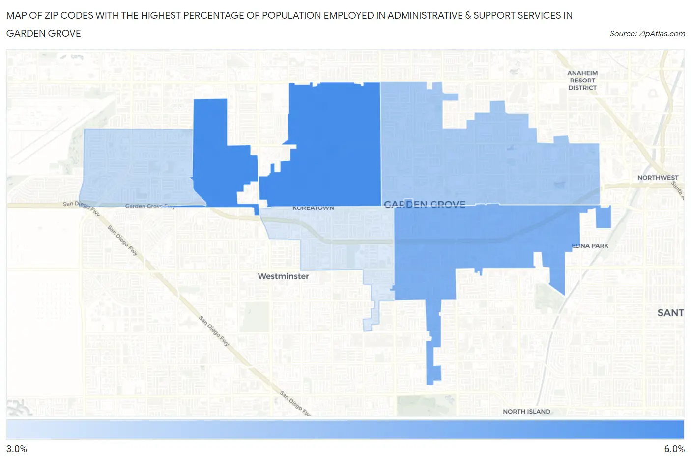 Zip Codes with the Highest Percentage of Population Employed in Administrative & Support Services in Garden Grove Map