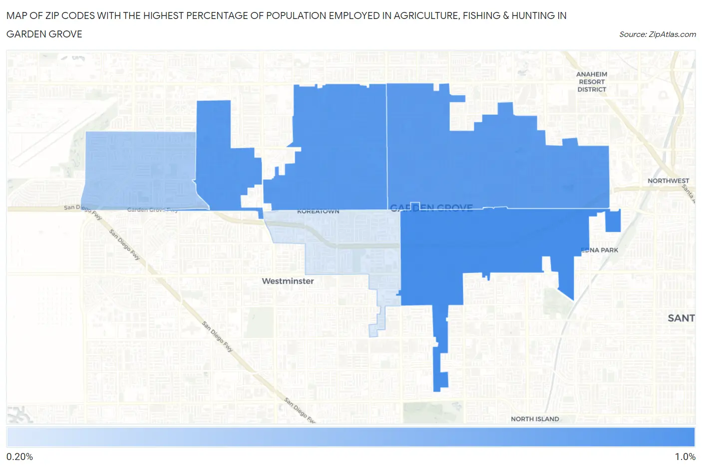 Zip Codes with the Highest Percentage of Population Employed in Agriculture, Fishing & Hunting in Garden Grove Map