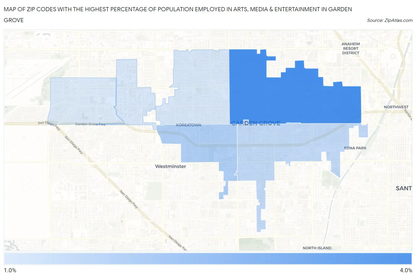 Zip Codes with the Highest Percentage of Population Employed in Arts, Media & Entertainment in Garden Grove Map