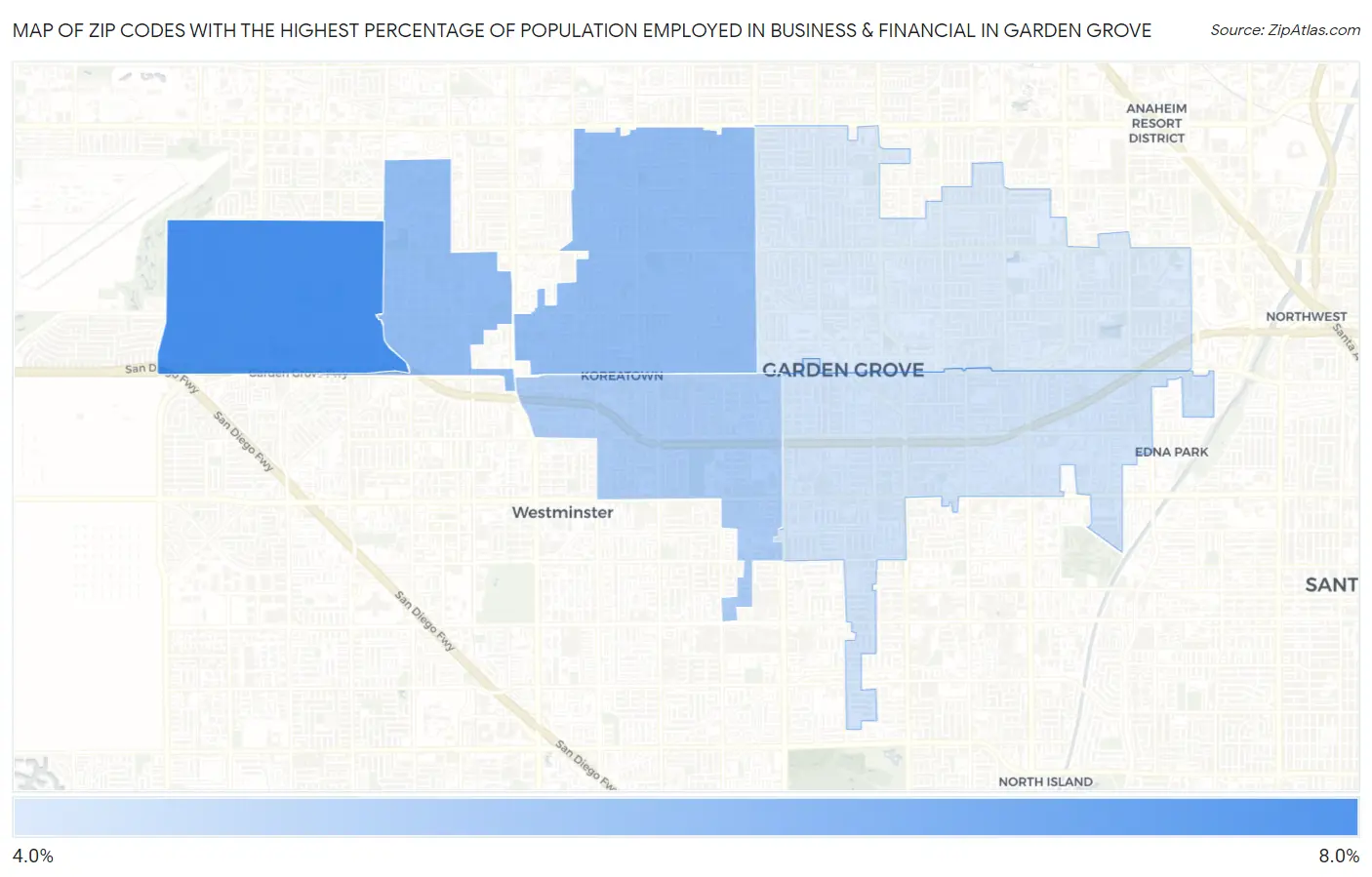 Zip Codes with the Highest Percentage of Population Employed in Business & Financial in Garden Grove Map