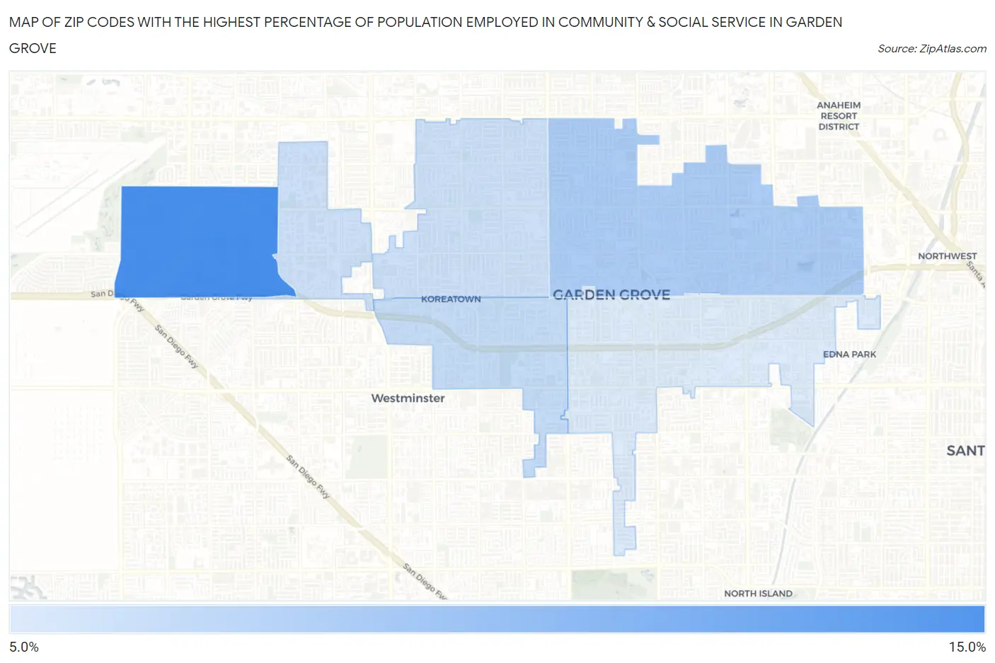 Zip Codes with the Highest Percentage of Population Employed in Community & Social Service  in Garden Grove Map
