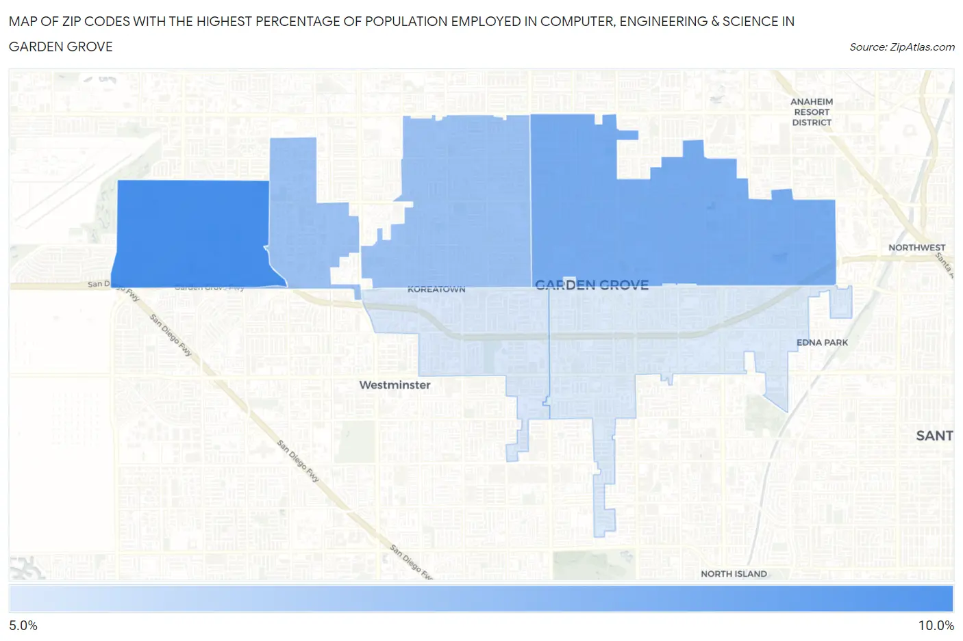 Zip Codes with the Highest Percentage of Population Employed in Computer, Engineering & Science in Garden Grove Map