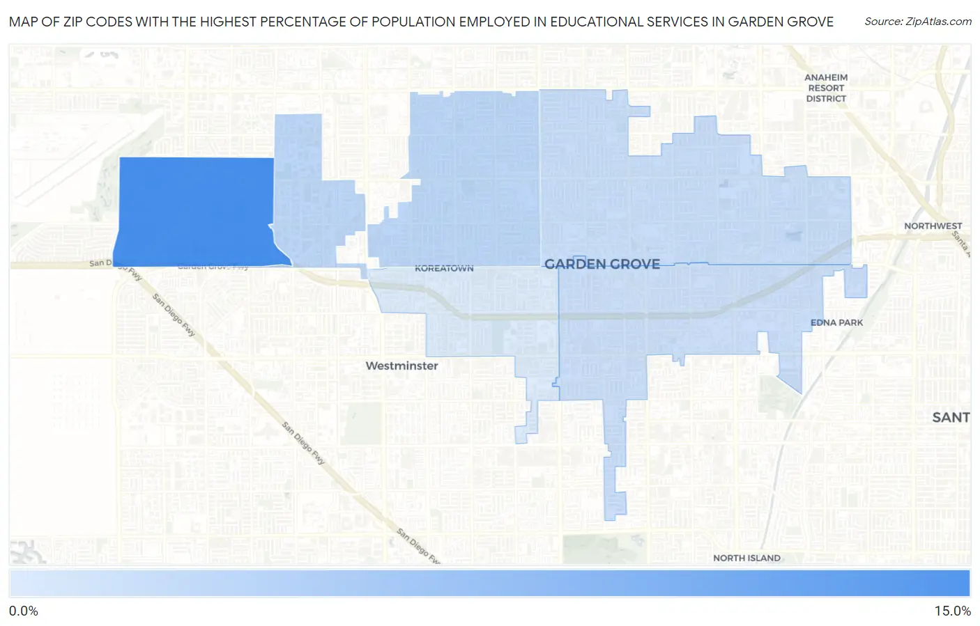 Zip Codes with the Highest Percentage of Population Employed in Educational Services in Garden Grove Map
