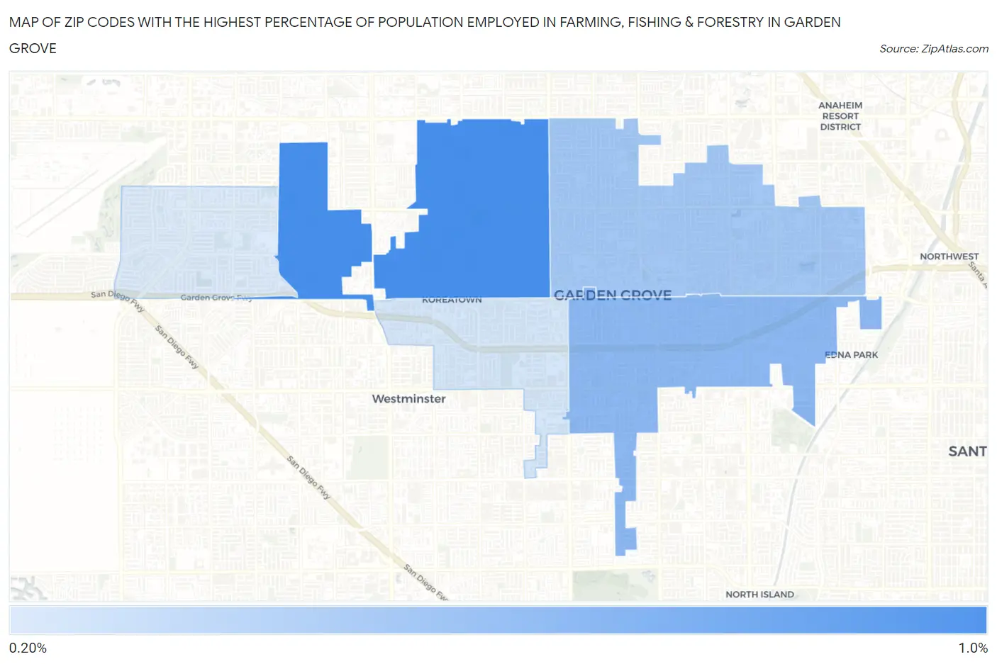 Zip Codes with the Highest Percentage of Population Employed in Farming, Fishing & Forestry in Garden Grove Map
