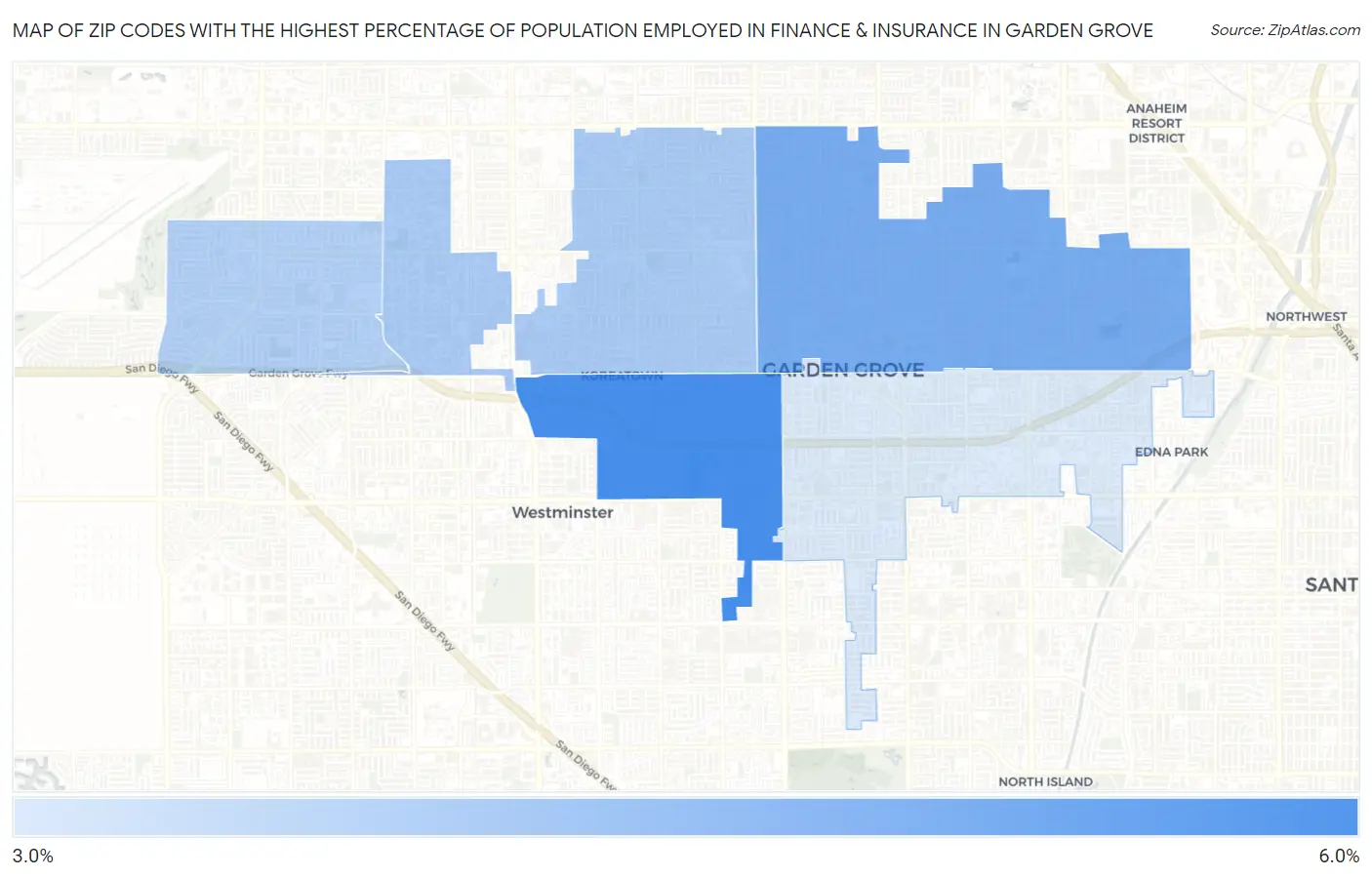 Zip Codes with the Highest Percentage of Population Employed in Finance & Insurance in Garden Grove Map