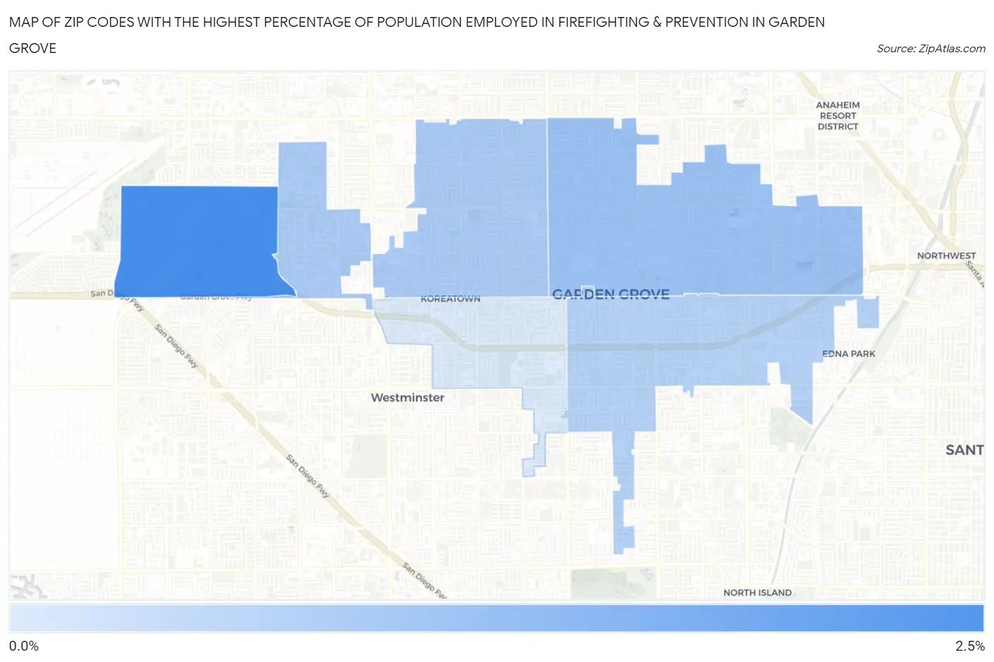 Zip Codes with the Highest Percentage of Population Employed in Firefighting & Prevention in Garden Grove Map