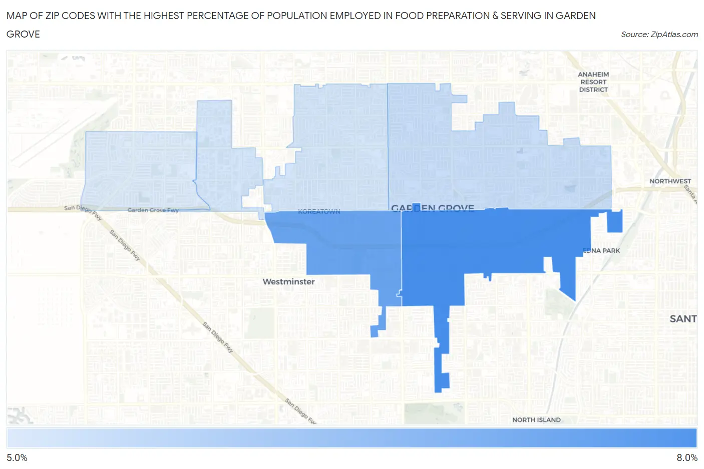 Zip Codes with the Highest Percentage of Population Employed in Food Preparation & Serving in Garden Grove Map