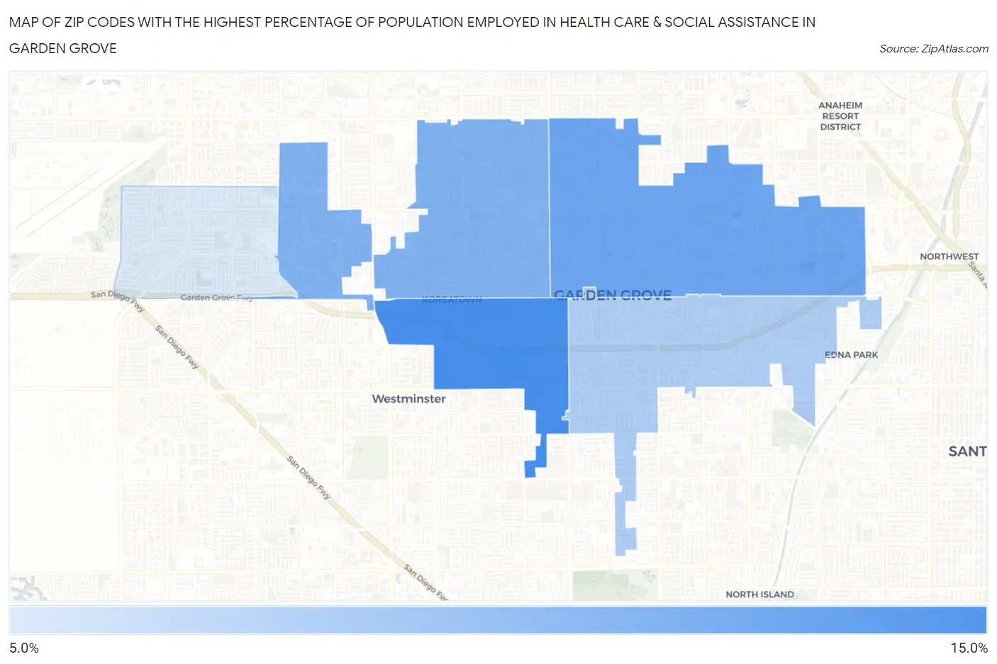 Zip Codes with the Highest Percentage of Population Employed in Health Care & Social Assistance in Garden Grove Map