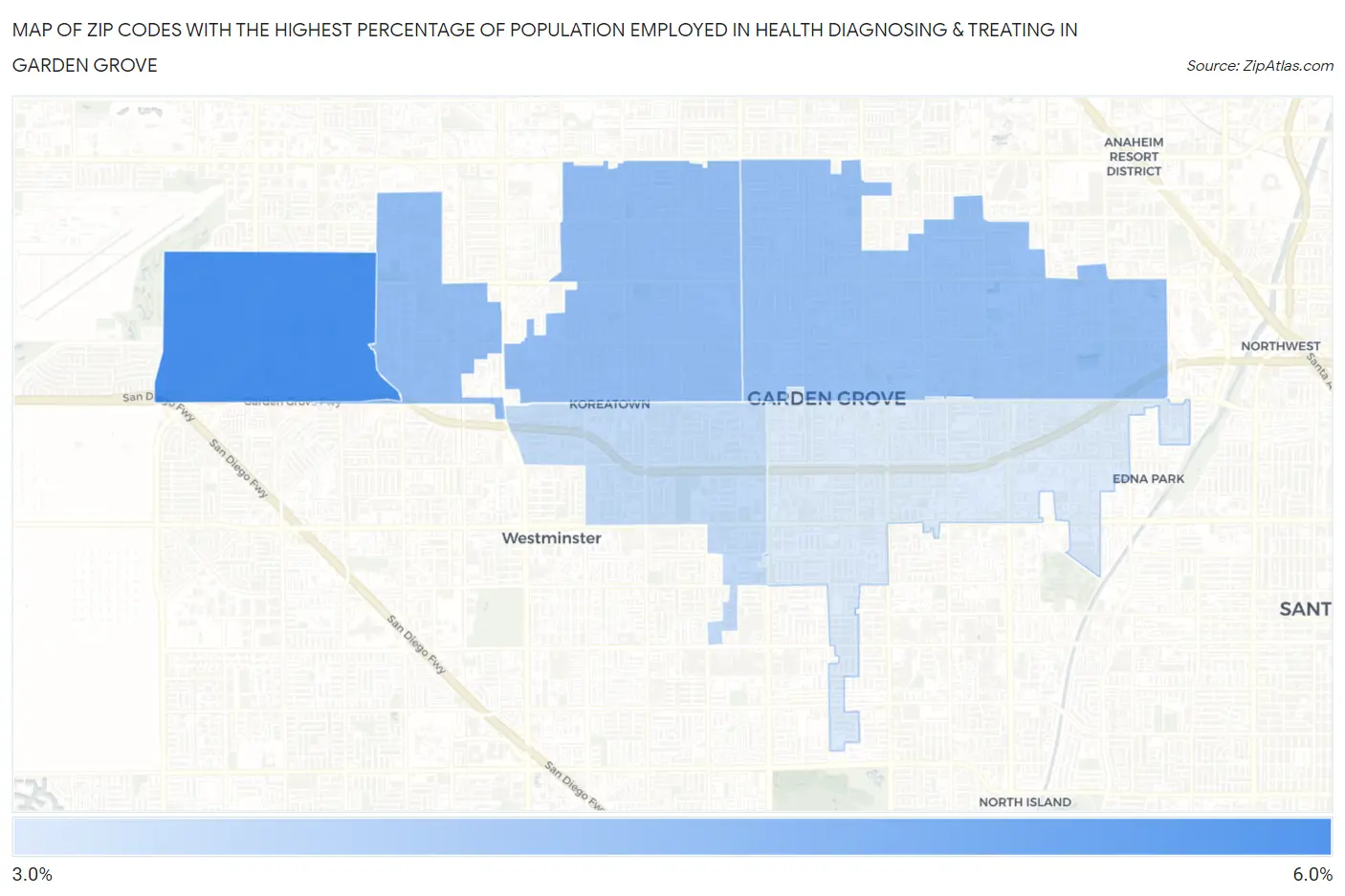 Zip Codes with the Highest Percentage of Population Employed in Health Diagnosing & Treating in Garden Grove Map