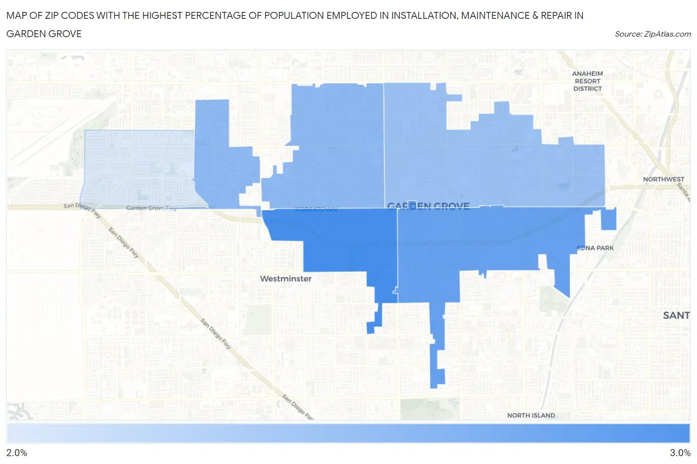 Zip Codes with the Highest Percentage of Population Employed in Installation, Maintenance & Repair in Garden Grove Map