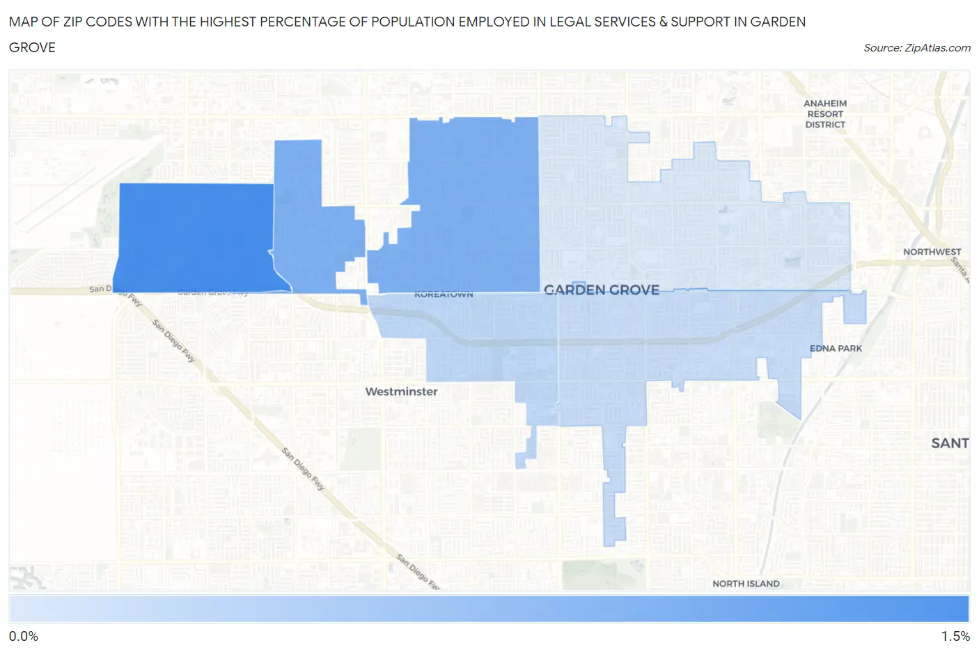 Zip Codes with the Highest Percentage of Population Employed in Legal Services & Support in Garden Grove Map