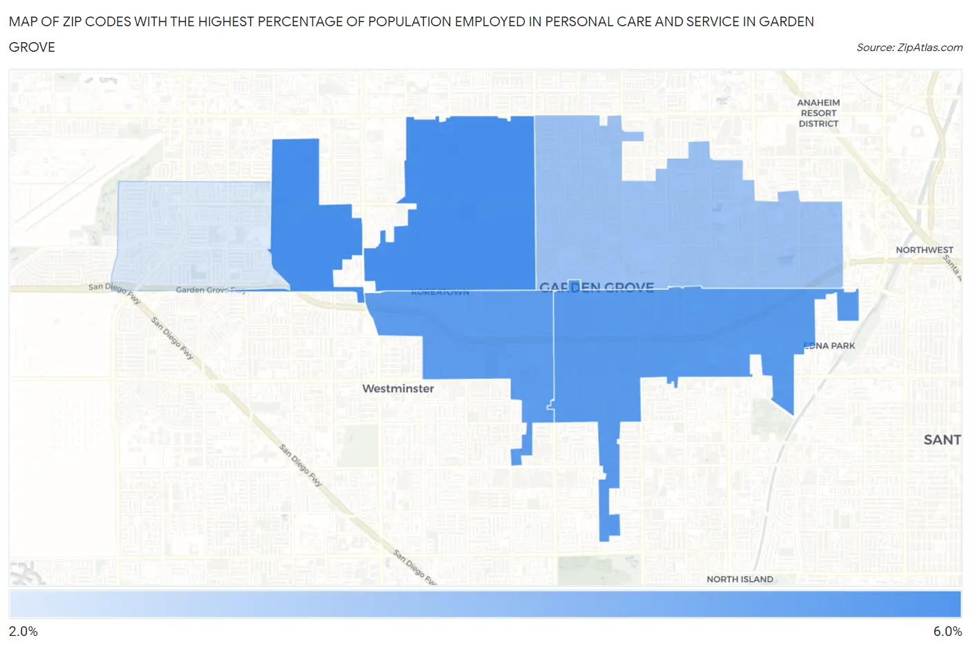 Zip Codes with the Highest Percentage of Population Employed in Personal Care and Service in Garden Grove Map