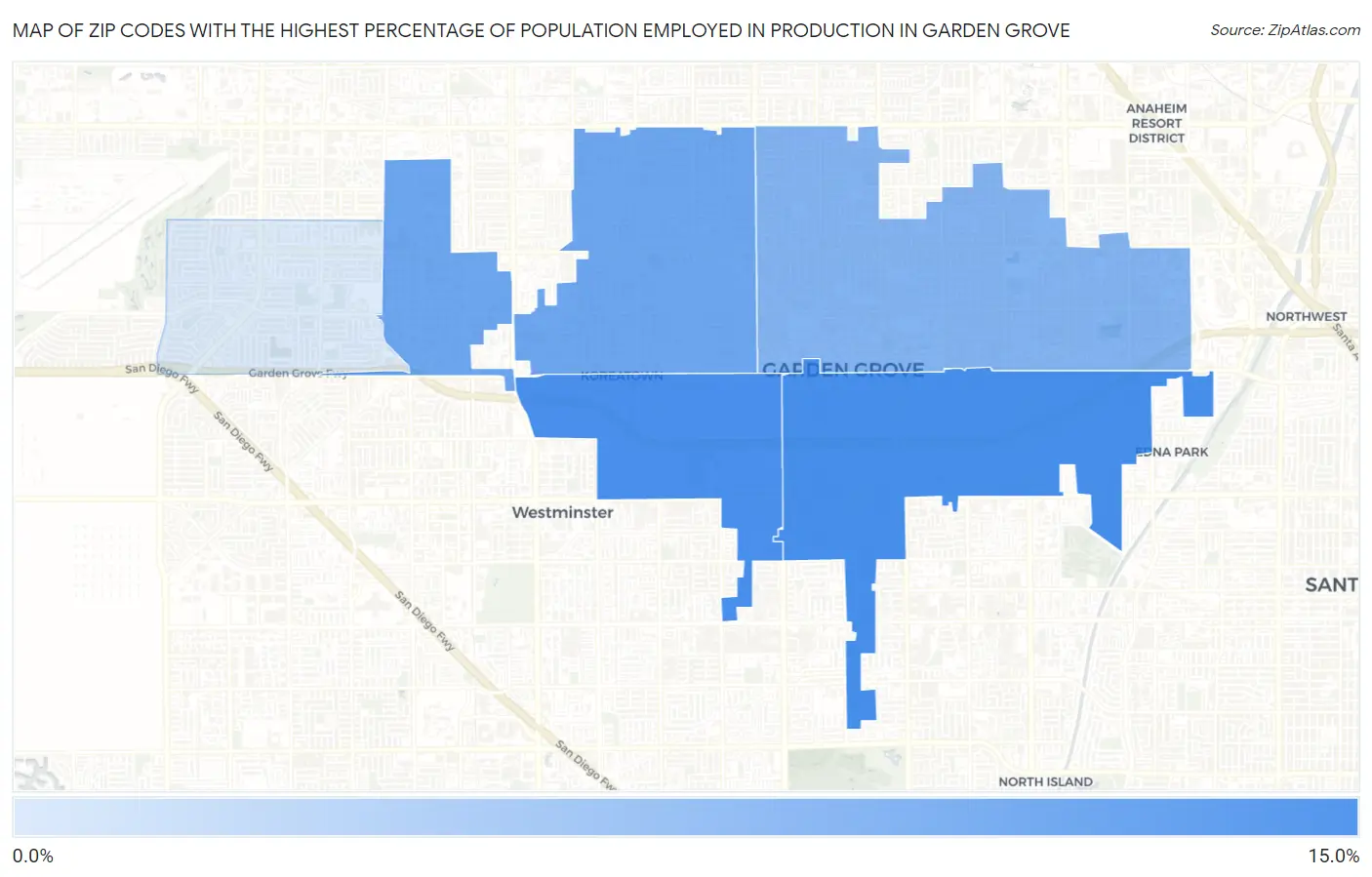 Zip Codes with the Highest Percentage of Population Employed in Production in Garden Grove Map