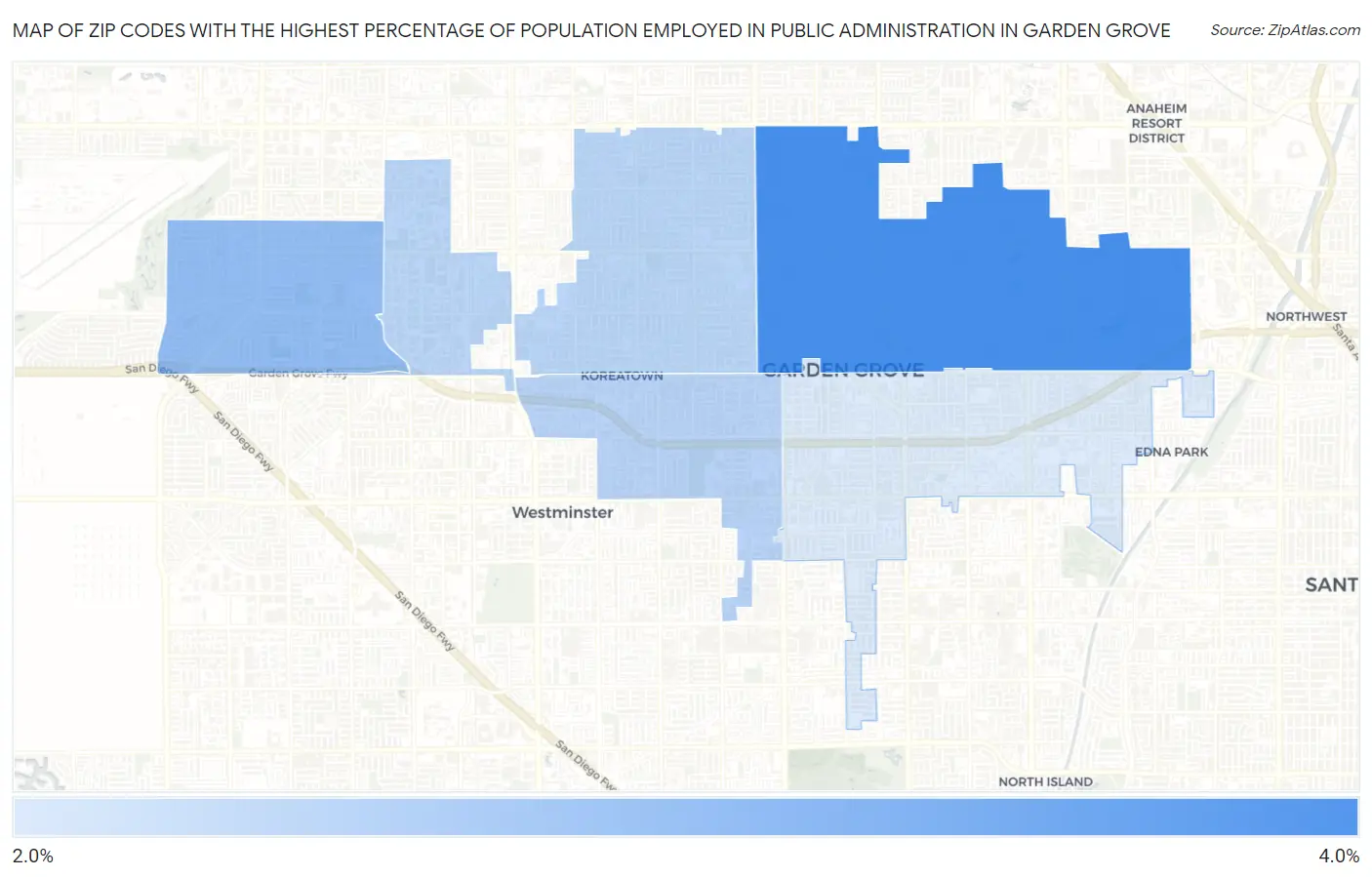 Zip Codes with the Highest Percentage of Population Employed in Public Administration in Garden Grove Map