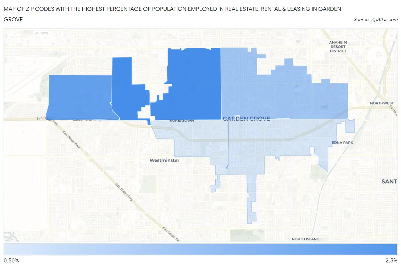 Zip Codes with the Highest Percentage of Population Employed in Real Estate, Rental & Leasing in Garden Grove Map