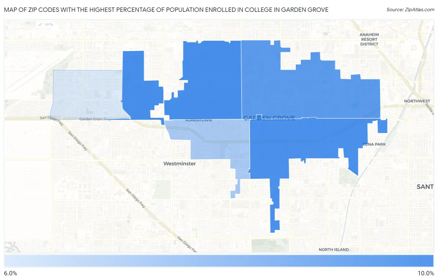 Zip Codes with the Highest Percentage of Population Enrolled in College in Garden Grove Map