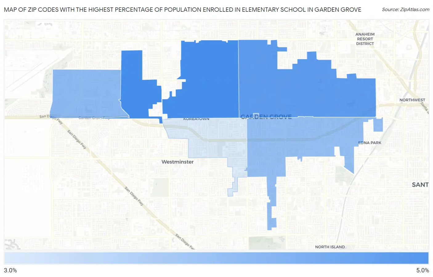 Zip Codes with the Highest Percentage of Population Enrolled in Elementary School in Garden Grove Map