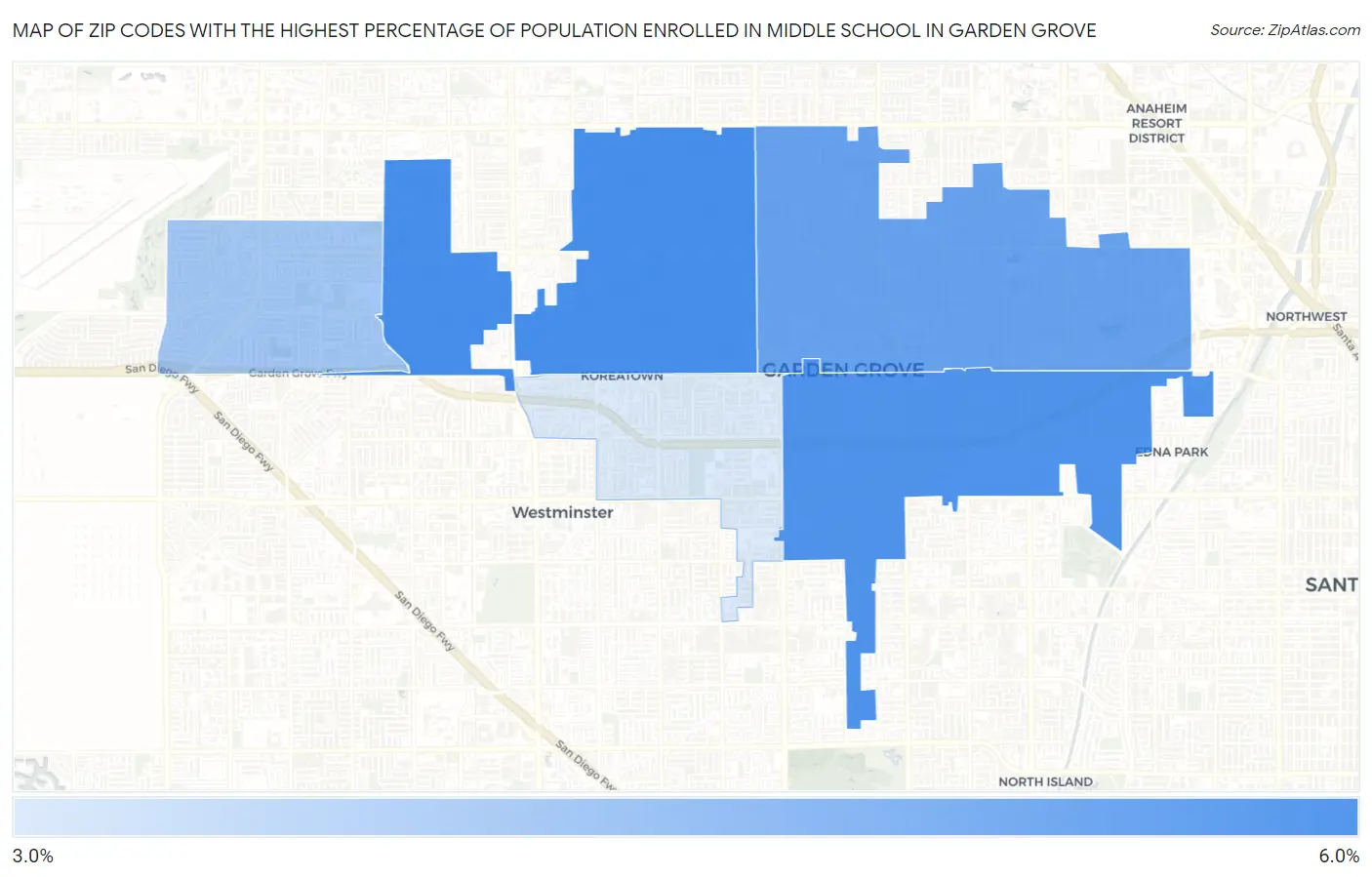 Zip Codes with the Highest Percentage of Population Enrolled in Middle School in Garden Grove Map