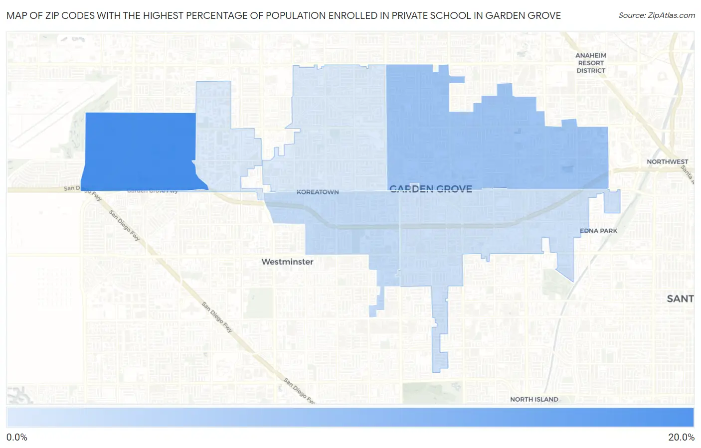 Zip Codes with the Highest Percentage of Population Enrolled in Private School in Garden Grove Map