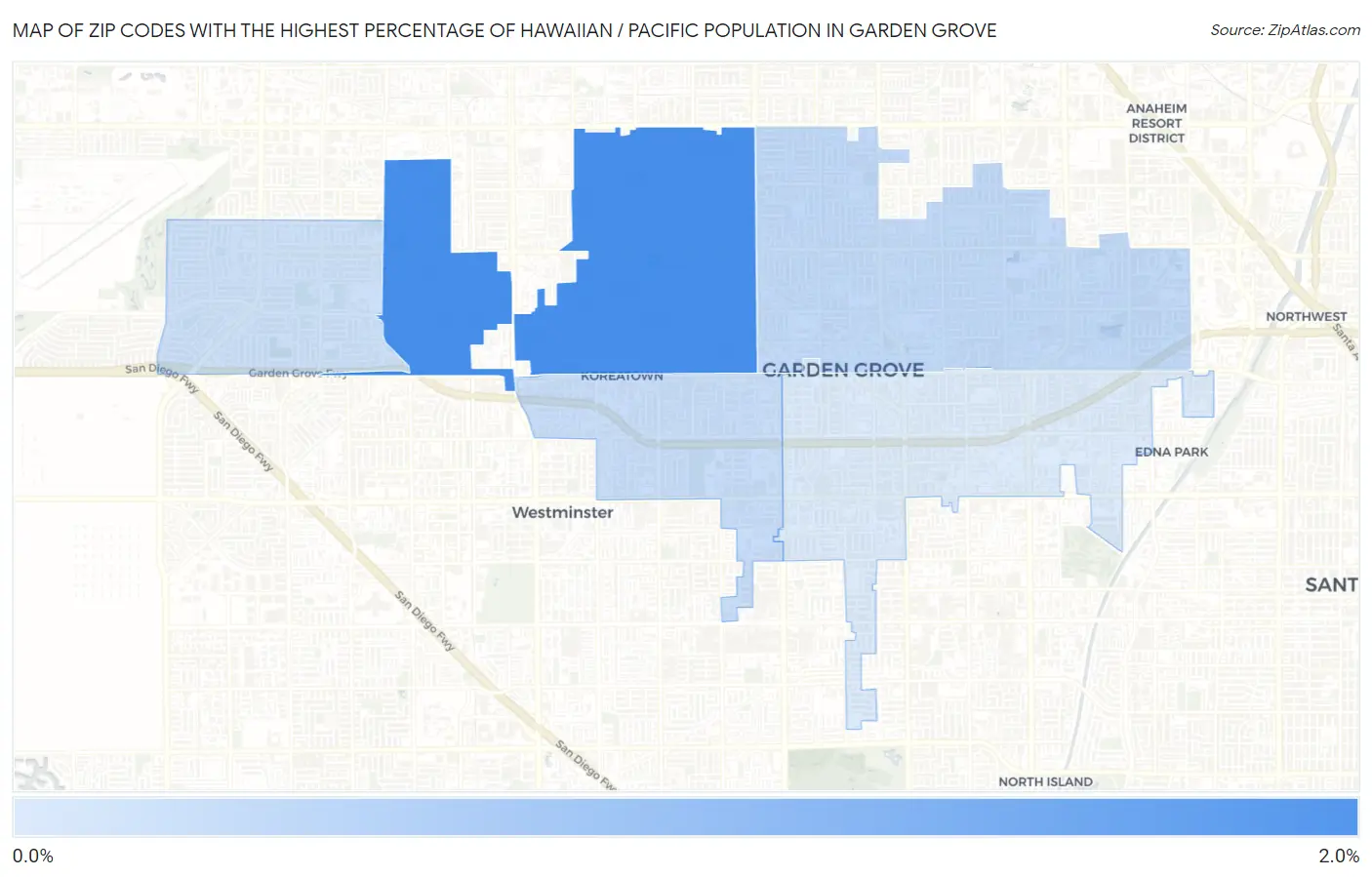 Zip Codes with the Highest Percentage of Hawaiian / Pacific Population in Garden Grove Map