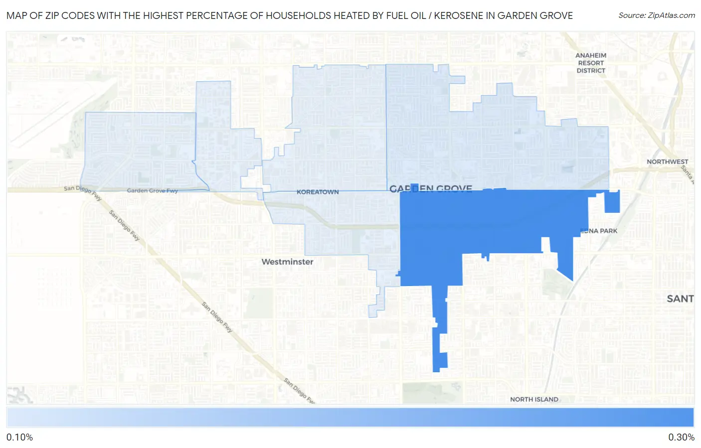 Zip Codes with the Highest Percentage of Households Heated by Fuel Oil / Kerosene in Garden Grove Map