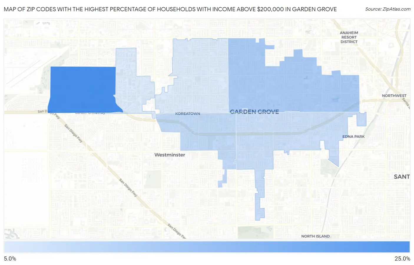 Zip Codes with the Highest Percentage of Households with Income Above $200,000 in Garden Grove Map