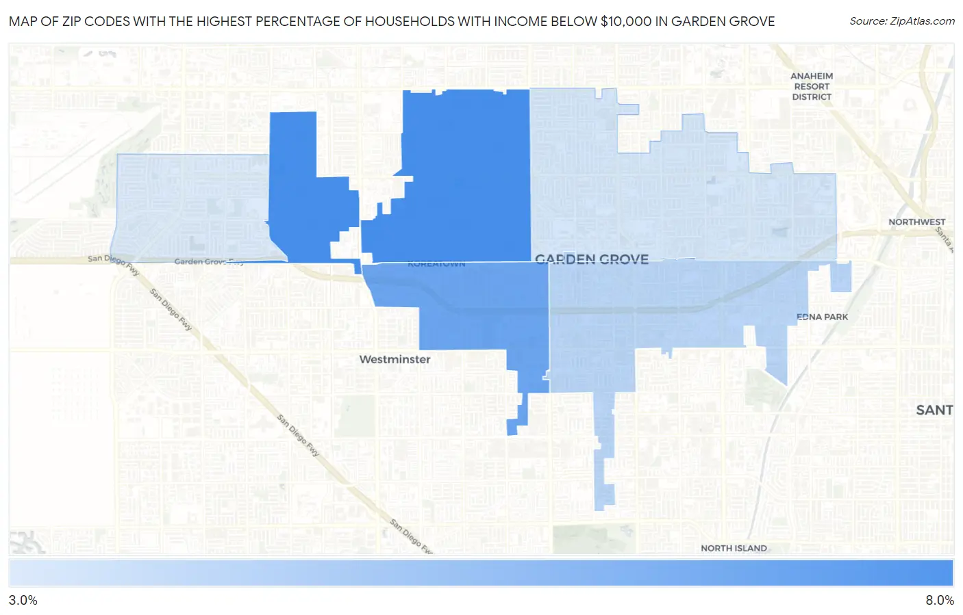 Zip Codes with the Highest Percentage of Households with Income Below $10,000 in Garden Grove Map