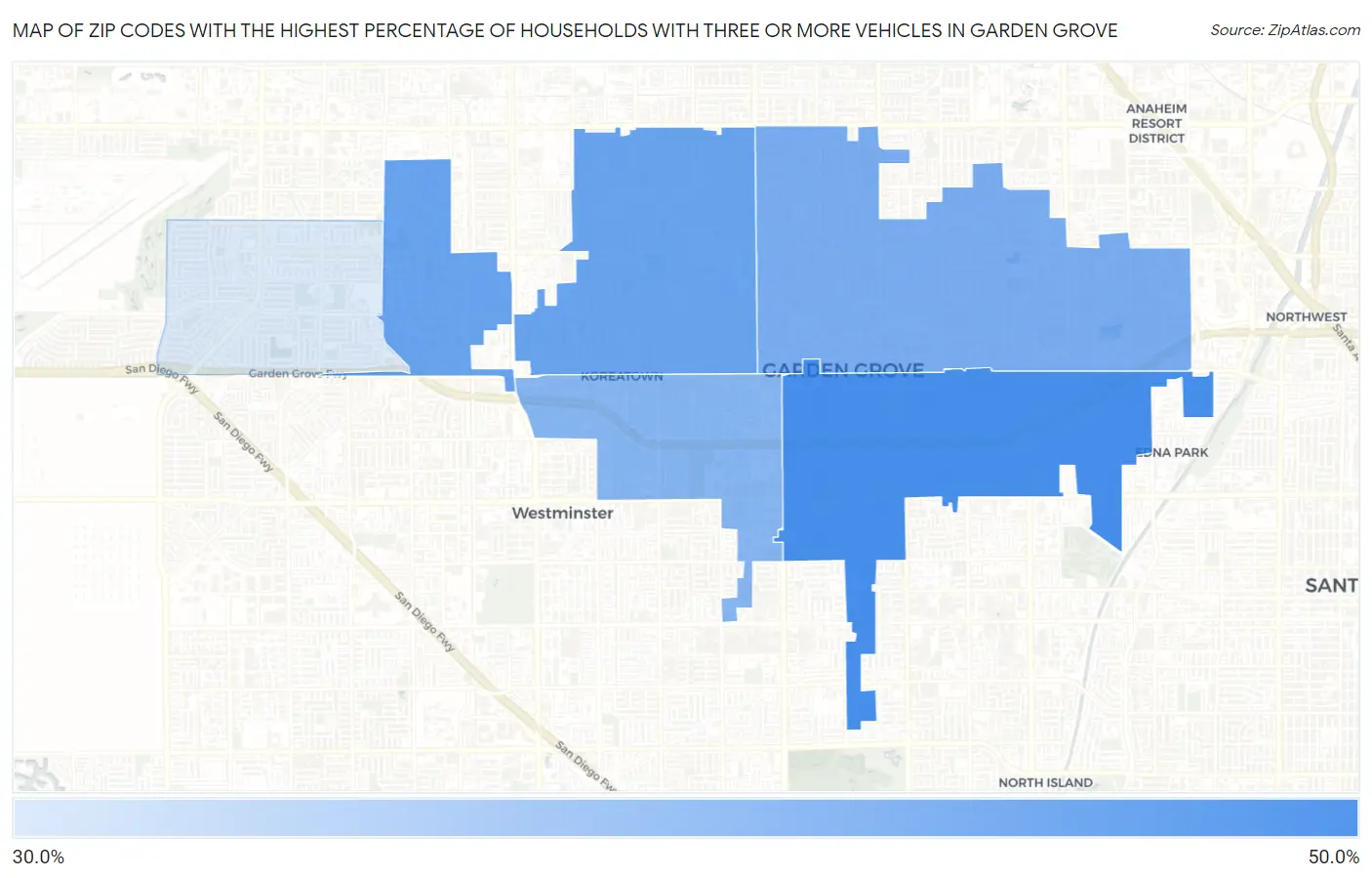 Zip Codes with the Highest Percentage of Households With Three or more Vehicles in Garden Grove Map