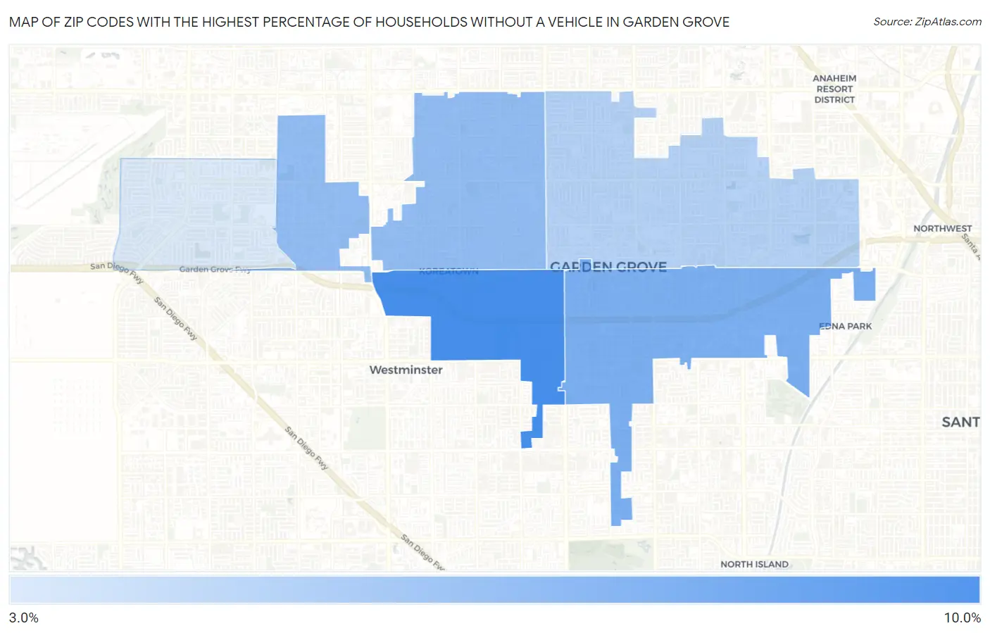 Zip Codes with the Highest Percentage of Households Without a Vehicle in Garden Grove Map