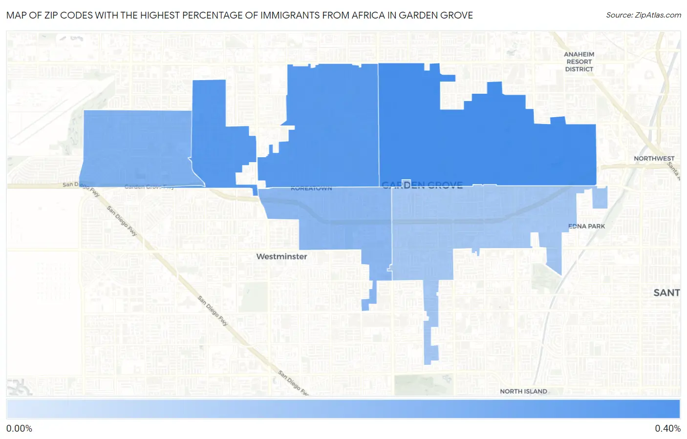 Zip Codes with the Highest Percentage of Immigrants from Africa in Garden Grove Map