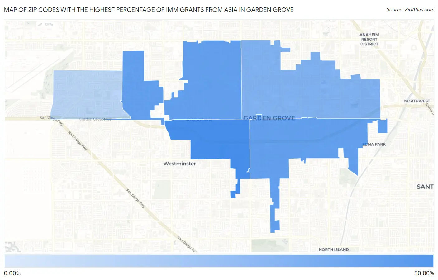 Zip Codes with the Highest Percentage of Immigrants from Asia in Garden Grove Map
