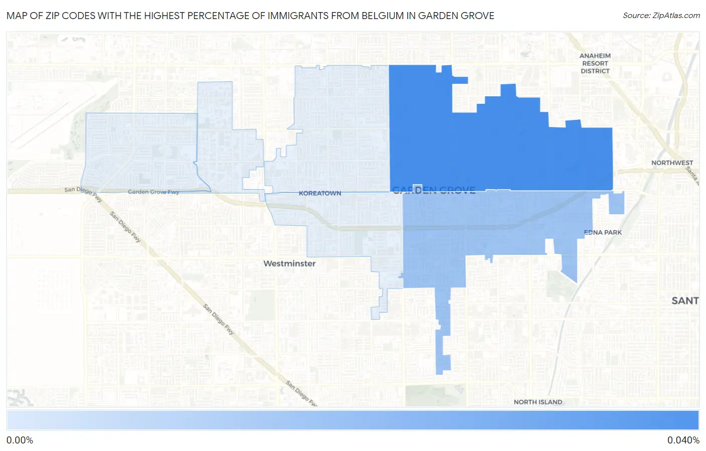 Zip Codes with the Highest Percentage of Immigrants from Belgium in Garden Grove Map