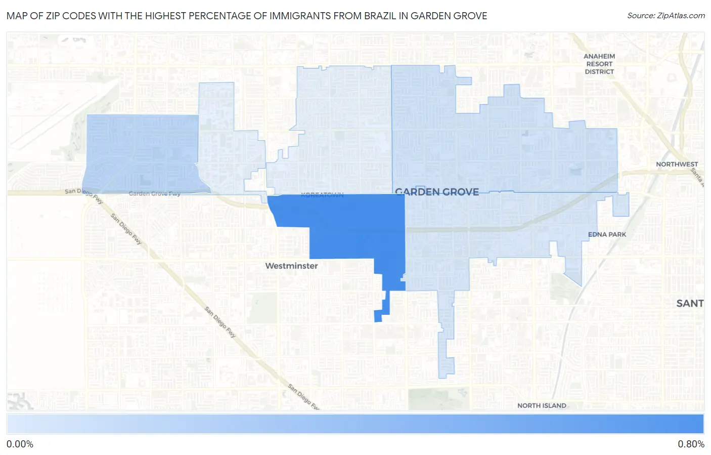 Zip Codes with the Highest Percentage of Immigrants from Brazil in Garden Grove Map