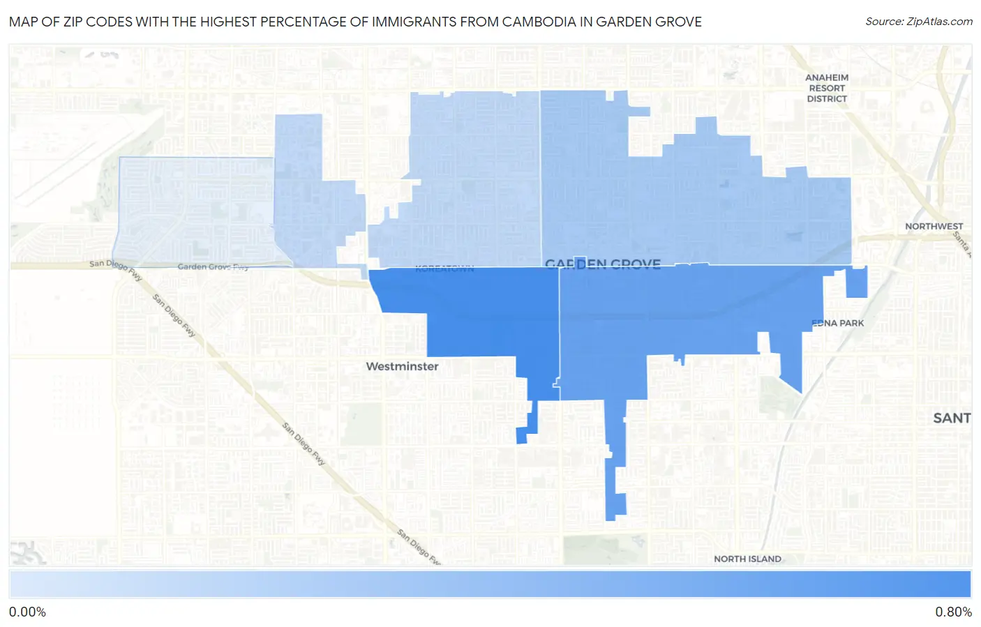 Zip Codes with the Highest Percentage of Immigrants from Cambodia in Garden Grove Map