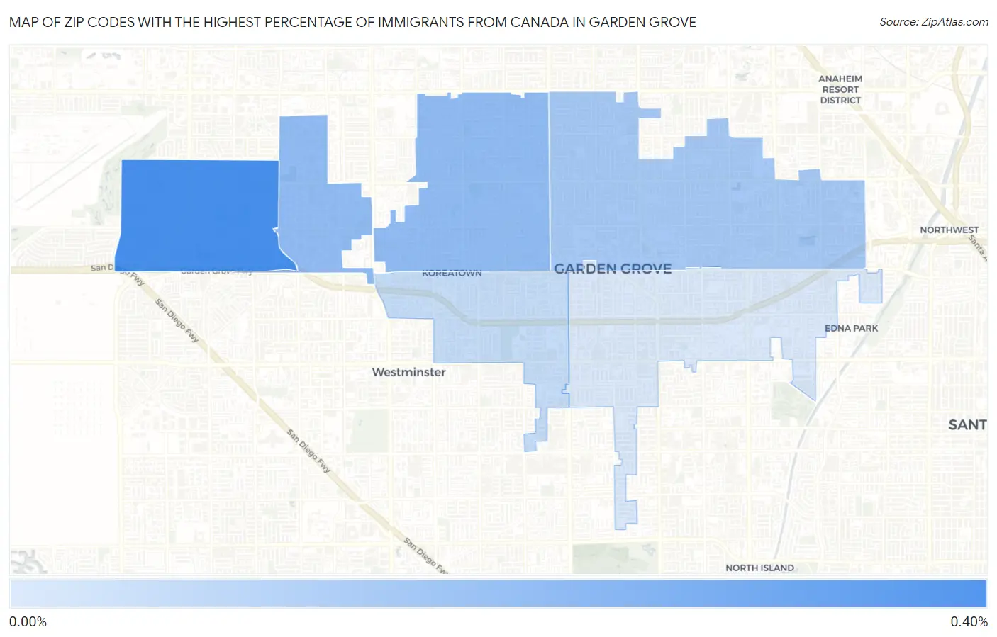 Zip Codes with the Highest Percentage of Immigrants from Canada in Garden Grove Map