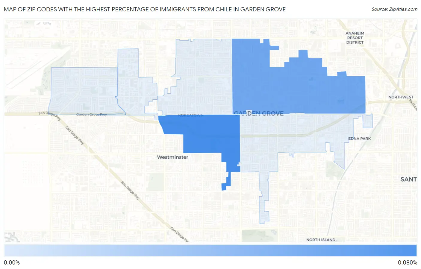 Zip Codes with the Highest Percentage of Immigrants from Chile in Garden Grove Map